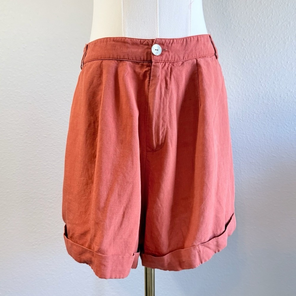 Sancia Terracotta Rust Linen Blend Pleated High Waisted Cuffed Shorts Small
